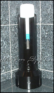 Image:Dog or cat water bottle holder, shown in black, front view, with 32oz dog or cat water bottle.